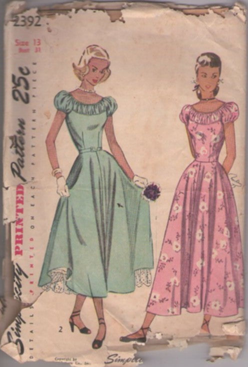 Simplicity 2392 Vintage 40's Sewing Pattern Juniors' Formal Dress, Shirred Neck, Puff Sleeve Flared Day and Ballerina Skirt Length Party Dress, Gown Set Size 13