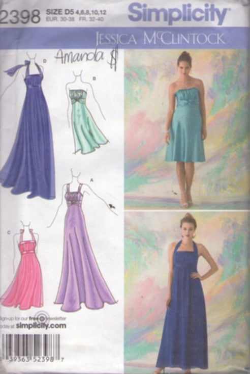Simplicity 2398 Retro 2010 Sewing Pattern Designer Formals, Jessica McClintock Halter, Strapless or Straps Sweeping Skirt Formal Prom Party Dress, Bridal Cocktail Gown Size 4 12