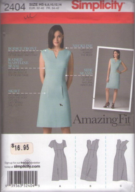 Simplicity 2404 Retro 2010 Sewing Pattern Amazing Fit Dress, Shell Dress for Slim, Average, Curvy Figures Size 6-14