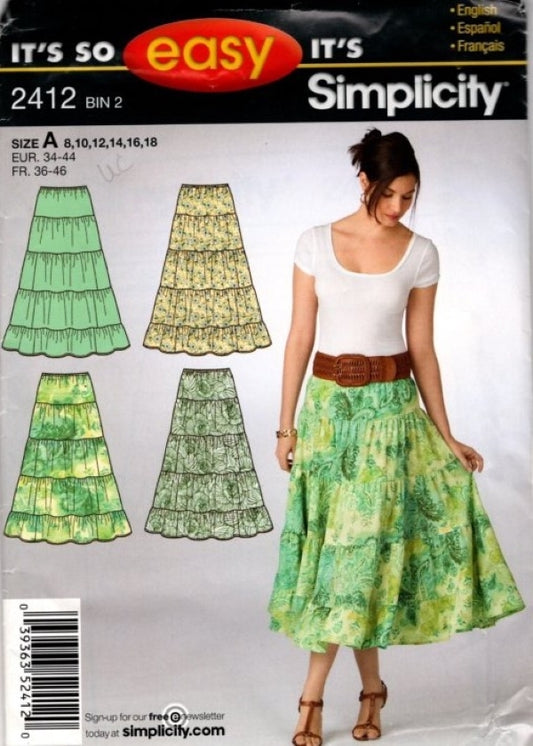 Simplicity 2412 Retro 2011 Sewing Pattern Easy Boho Tiered Skirt, Gypsy, Peasant, Summer Styles Size 8-18