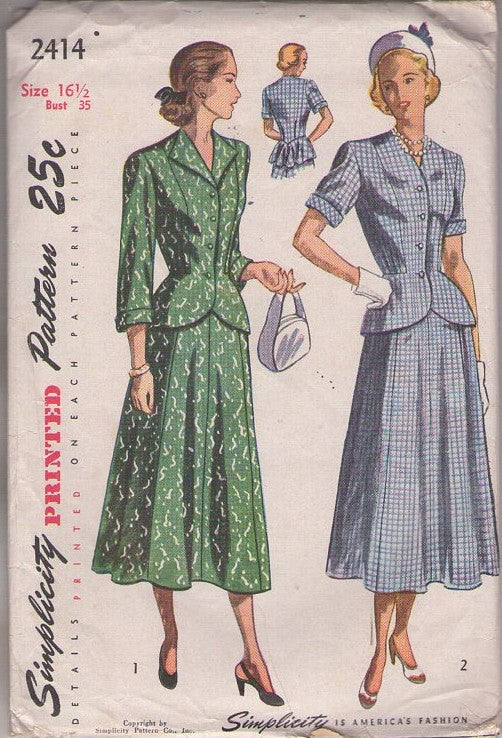 Simplicity 2414 Vintage 40's Sewing Pattern 2 Piece Suit Dress, New Look Afternoon Peplum Jacket with Rear Flounce, Modest Midi Skirt Size 16.5