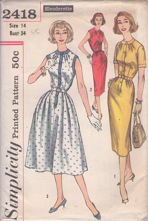 Simplicity 2418 Vintage 50's Sewing Pattern Slenderette Dress, Rockabilly Mad Men, Radiating Pleats, Step In, Button Band Day Dress, Slim or Pleated Full Skirt Size 14