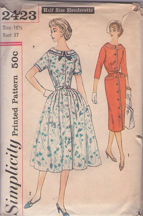 Simplicity 2423 Vintage 50's Sewing Pattern Day Dress Set, Half Size Slenderette, Stand Away Flat Collar, Front Buttoned Rockabilly Coat Dress, Slim or Full Skirt Size 16.5