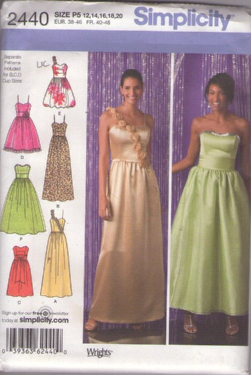 Simplicity 2440 Retro 2010 Sewing Pattern Formal Gowns, 50s & 80s Style One Shoulder or Strapless Prom Gown, Party Dress, Flared Full or Bubble Hem Size 12-20