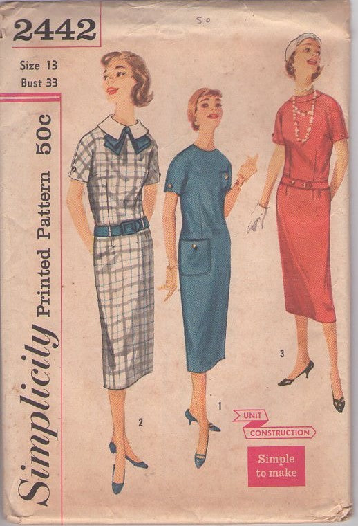 Simplicity 2442 Vintage 50's Sewing Pattern Day Dress, Dart Fitted, Drop Waist Belt Loops, Detachable Collar & Bow Triple Treat Size 13