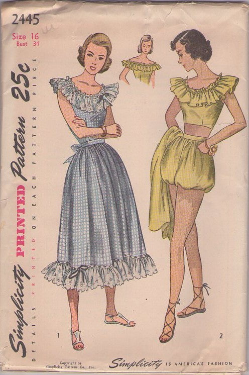 Simplicity 2445 Vintage 40's Sewing Pattern Pinup Separates, Modest Summer Play Suit, Ruffled Crop Top, Bubble Bloomers Shorts, Dirndl Skirt AND Dress Size 16