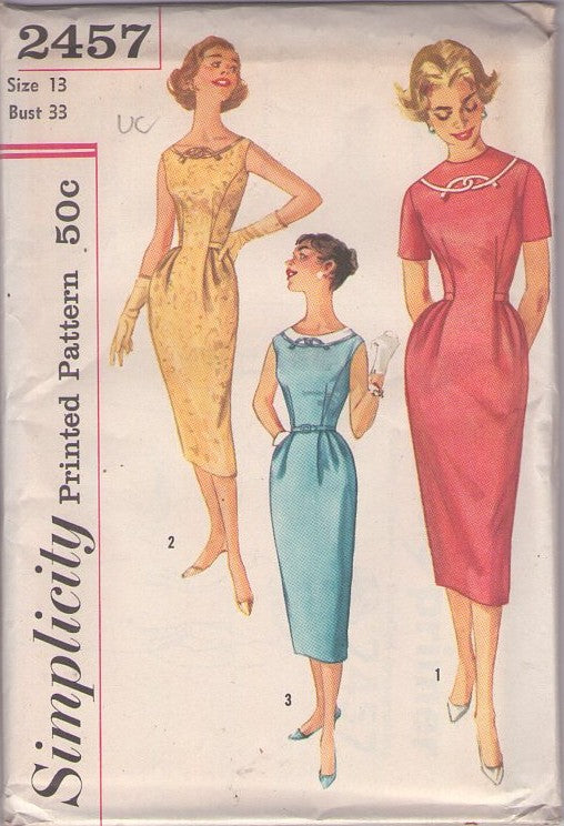 Simplicity 2457 Vintage 50's Sewing Pattern Sheath Dress, Figure Flattering, Curve Hugging, Scoop Neck, Hip Pleats, Cocktail Party Dress SO AUDREY Size 13