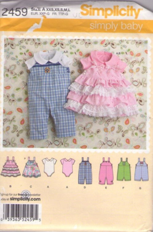 Simplicity 2459 Retro 2010 Sewing Pattern Baby Overalls, Coveralls, Ruffle Dress, Snap Bottom Onesie Bodysuit SO Many Styles Size XXS-L