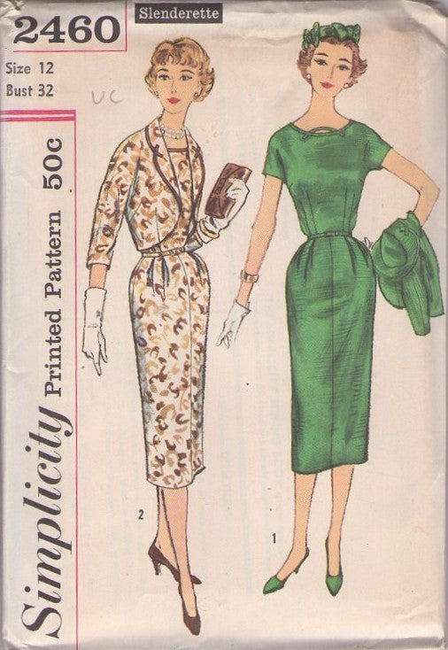 Simplicity 2460 Vintage 50's Sewing Pattern Slenderette Dress, Jacket, Lucy Style, Neck Back Trim, Curvy Hip Pleats Sheath Cocktail Party Dress, Shaped Bolero Suit Jacket Size 12