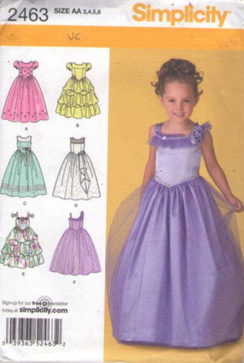 Simplicity 2463 Retro 2010 Sewing Pattern Girls' Formal Dress, Party Princess Gown, Pageant Dresses 6 Styles Size 3-6