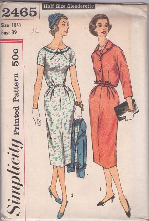 Simplicity 2465 Vintage 50's Sewing Pattern Rockabilly Dress, Jacket, Triangular Envelope Flap Detail Slenderette Lucy Afternoon Dress, Pleated Hips, Matching Cropped Kimono Sleeve Jacket Size 18.5