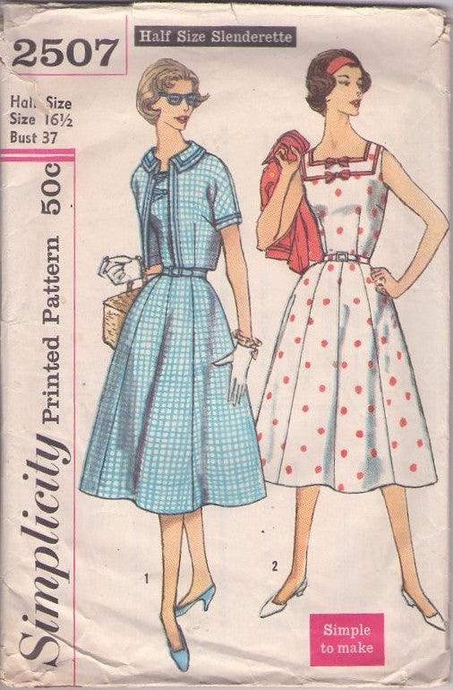 Simplicity 2507 Vintage 50's Sewing Pattern Rockabilly Day Dress Set, Lucy Era Square Neck, Multi Gored Skirt Summer Sun Dress, Kimono Sleeve Cropped Bolero Jacket Cover Up Size 16.5