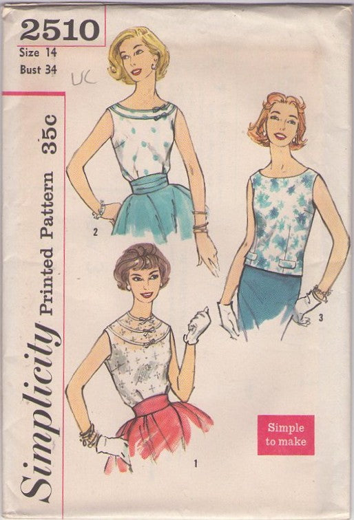Simplicity 2510 Vintage 50's Sewing Pattern One Yard Blouses, Rockabilly Cocktail Party Tops, Scoop Neck, Easy, Sleeveless Size 12