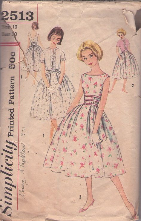 Simplicity 2513 Vintage 50's Sewing Pattern Teen Dress, Jacket, Rockabilly Hairspray, Cinched Midriff Full Pleated Skirt Sun Back Cocktail Party Dress, Modest Kimono Sleeve Jacket Cover Up Size 10