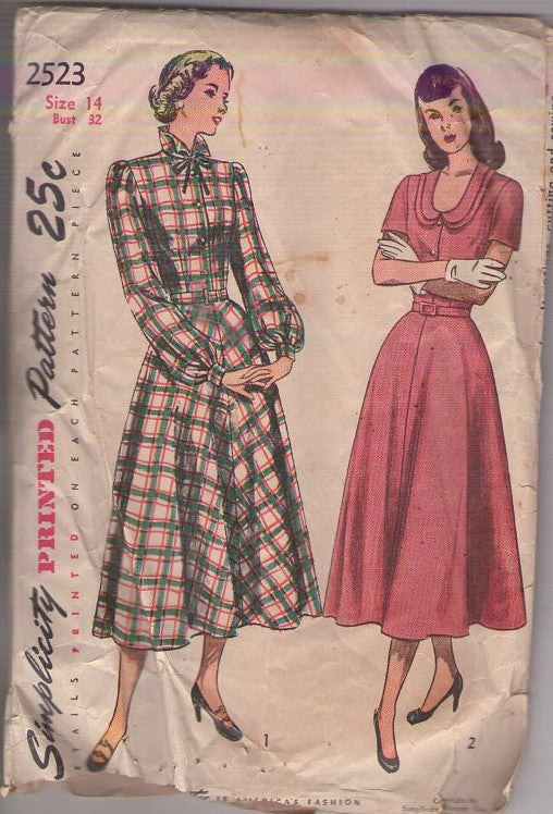 Simplicity 2523 Vintage 40's Sewing Pattern Day Dress Set, New Look Modest or U Neck Secretary Dress, 2 Styles Size 14