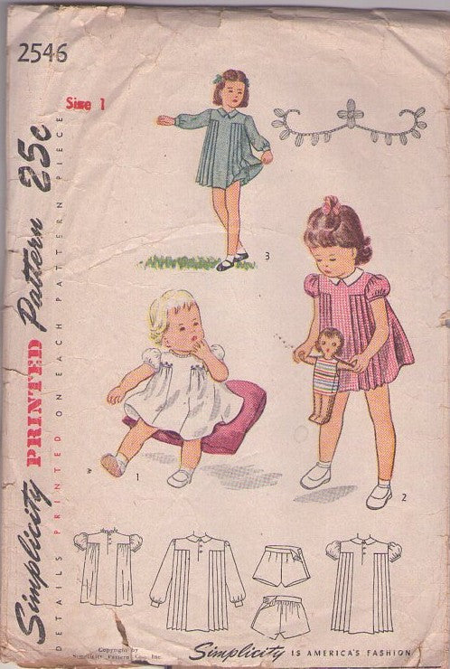 Simplicity 2546 Vintage 40's Sewing Pattern Toddler Girls' Dress, Tap Panties Shorts Set, 3 Styles Size 1