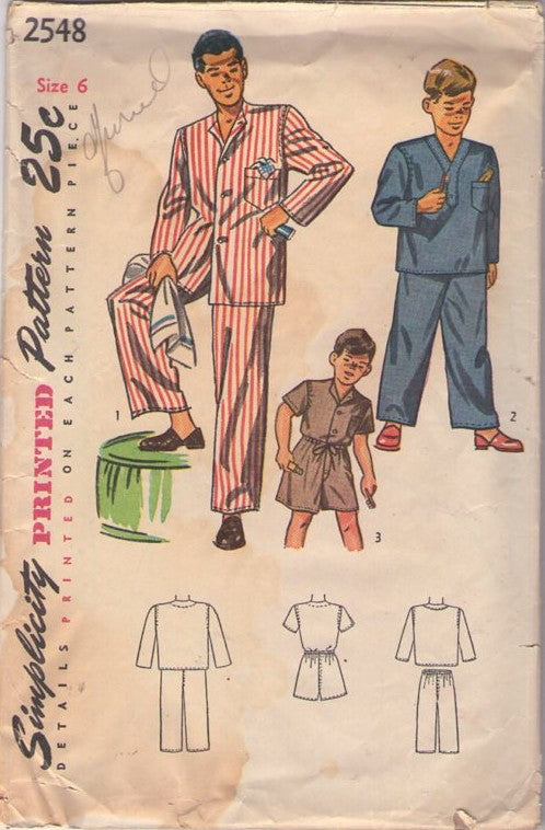Simplicity 2548 Vintage 50's Sewing Pattern Boys' Pajamas, Leave it to Beaver Summer or Winter Pajamas, Wing Collar Sleep Jacket, Drawstring Trousers, Boxer Shorts Size 6