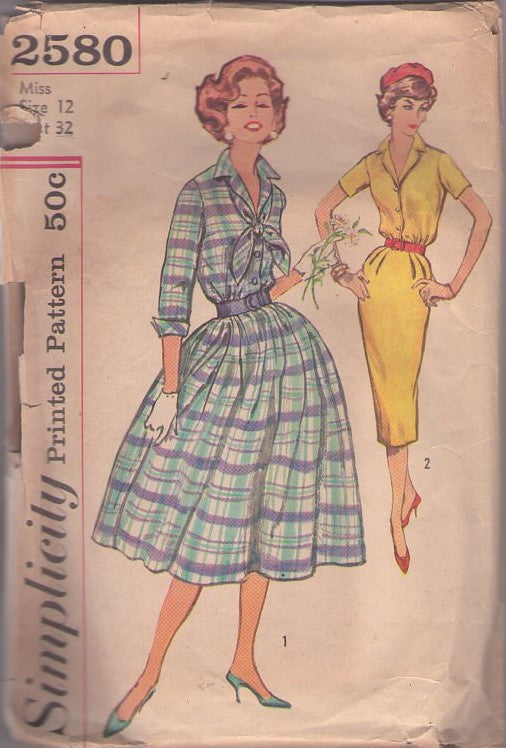 Simplicity 2580 Vintage 50's Sewing Pattern Rockabilly Dress Set, Secretary Shirtwaist Blouson Bodice Slim Sheath or Full Flared Skirt Day Dress 2 Styles Size 12