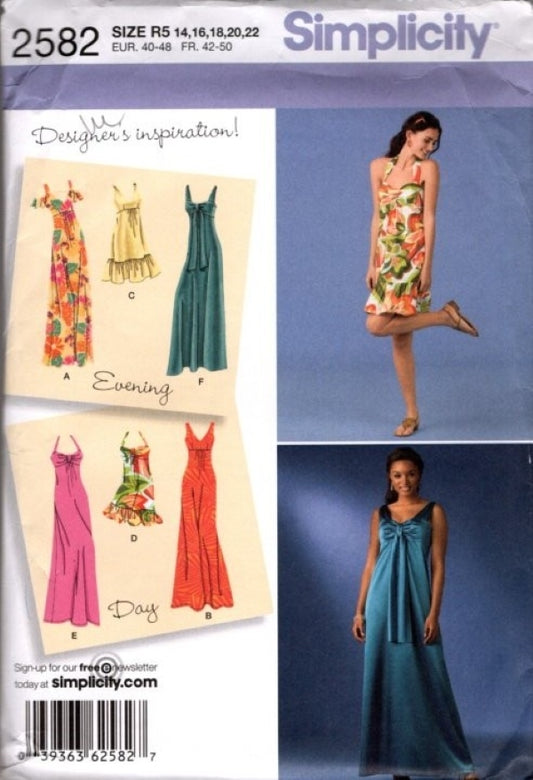 Simplicity 2582 Retro 2010 Sewing Pattern Empire Waist Dress, Designer's Inspiration Summer Cocktail, Formal Maxi Gown Size 14-22