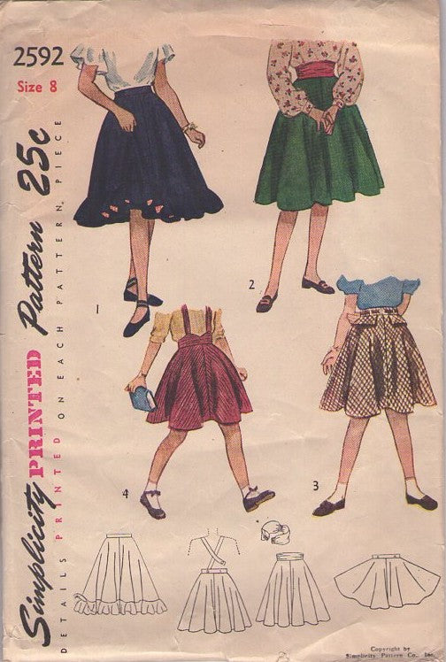 Simplicity 2592 Vintage 40's Sewing Pattern Girls' Skirts, Knee Length School Days or First Dance Circle Skirt Set, Suspender Straps, Cummerbund Sash Size 8