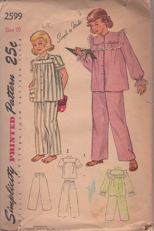 Simplicity 2599 Vintage 40's Sewing Pattern Girls' Pajamas, Modest Winter PJs, Yoked Blouse Top, Trousers Size 10