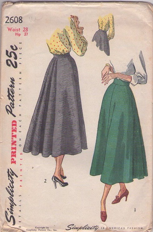 Simplicity 2608 Vintage 40's Sewing Pattern Modest Skirt, Rear Pleat Interest, 2 Styles Waist 28" Size L