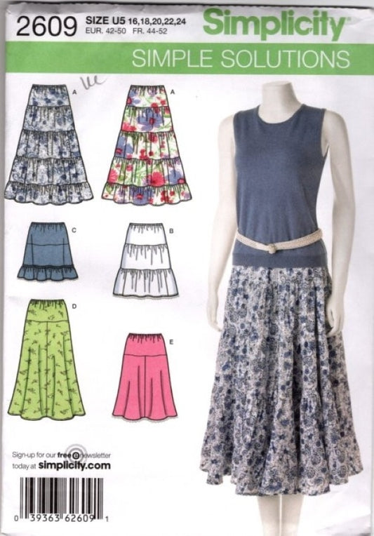 Simplicity 2609 Retro 2010 Sewing Pattern Simple Solutions Easy Tier Skirt Set, Yoked, Tiers, Flounce, Boho Gypsy Stiles Size 16-24