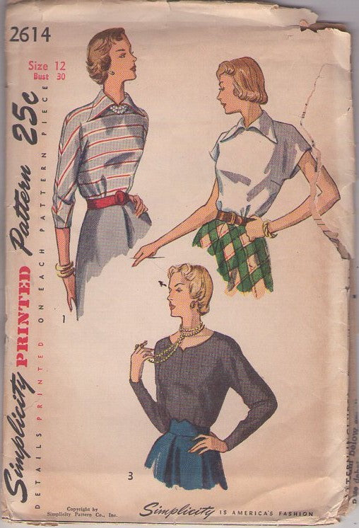 Simplicity 2614 Vintage 40's Sewing Pattern Easy Blouses, Dolman Sleeve Wing Collar Day or Night Blouse, Top Set 3 Styles Size 12