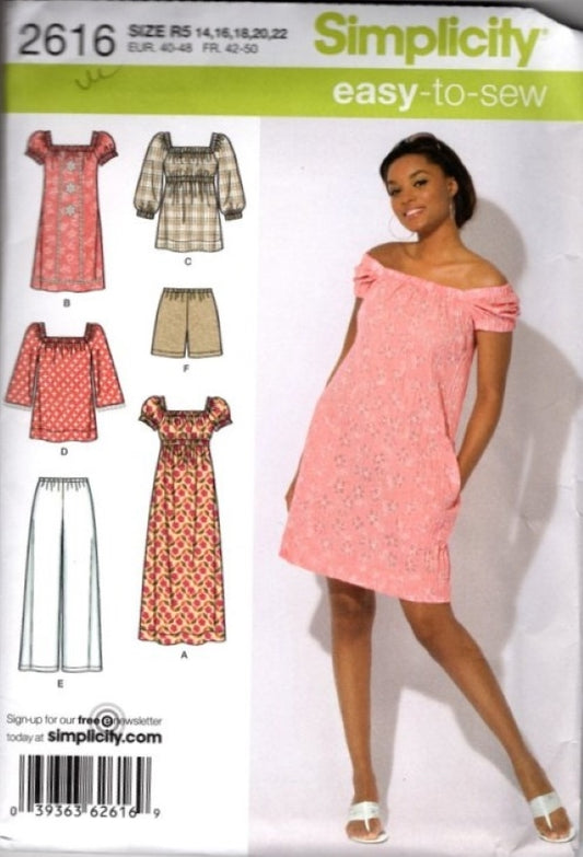 Simplicity 2616 Retro 2010 Sewing Pattern Easy to Sew Summer Wardrobe, Dress, Blouse, Shorts, Pants, Size 14-22