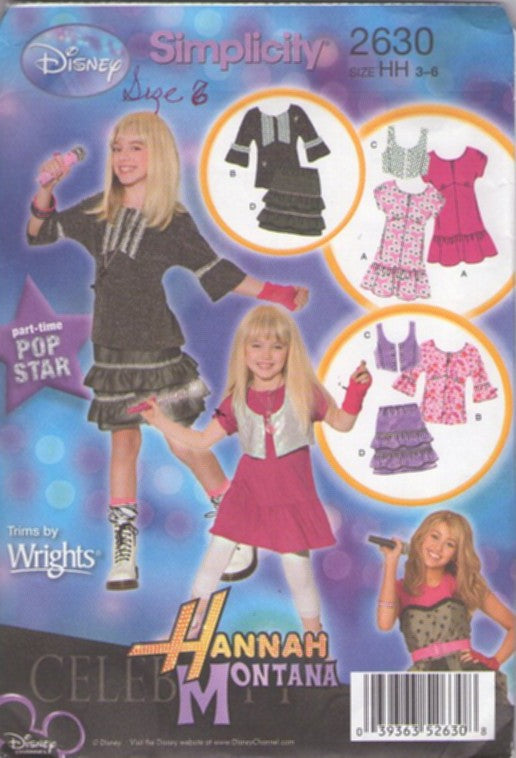 Simplicity 2630 Retro 2009 Sewing Pattern Girls' Pop Star Outfit, Disney Channel Hannah Montana, Miley Cyrus Singer Outfits, Dress, Tiered Ruffle Skirt, Vest Mix & Match Size 3-6