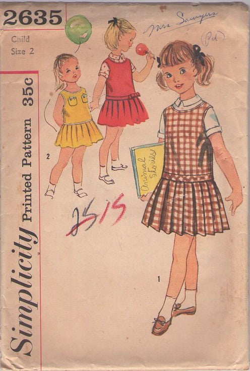 Simplicity 2635 Vintage 50's Sewing Pattern Girls' Drop Waist Jumper, Dress, Pleats, Collared Blouse Size 2