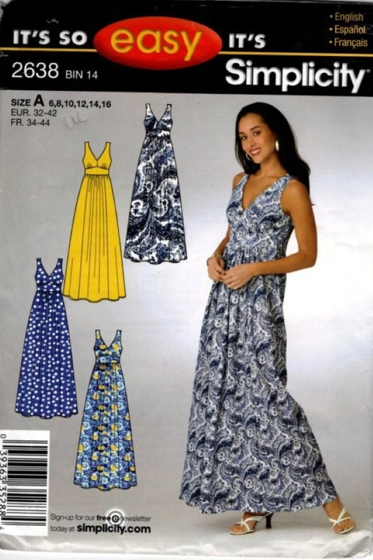 Simplicity 2638 Retro 2009 Sewing Pattern It's So Easy High Waisted Maxi Dress, Summer Boho Party Gown Size 6-16