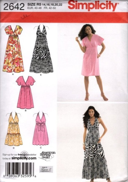 Simplicity 2642 Retro 2009 Sewing Pattern Surplice Wrap Top Dress, Designs by Karen Z, High Waist Summer Sun Dress, Mini or Maxi Gown Size 14-22