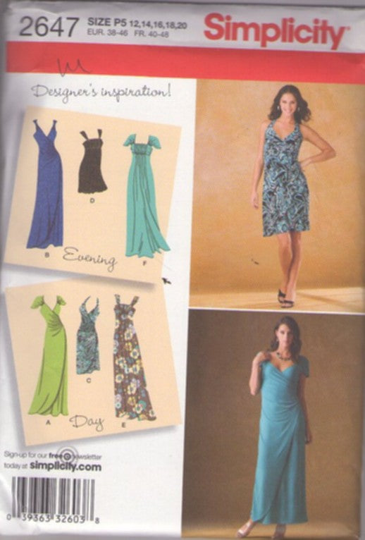 Simplicity 2647 Retro 2009 Sewing Pattern Summer Dress Set, Designer's Inspiration, Day or Night Knit Dress Set, Sarong, Evening Look, Party, Hawaiian, Formal, Casual 6 Styles Size 12-20