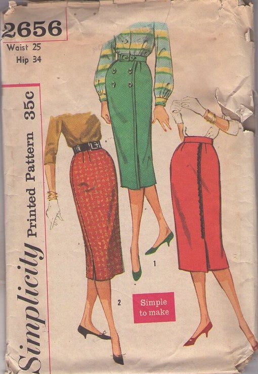 Simplicity 2656 Vintage 50's Sewing Pattern Secretary Skirts, Simple to Make, Rockabilly Pin Up Girl Sheath Skirt Set, 3 Styles Waist 25 Size S