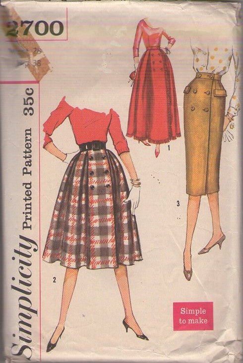 Simplicity 2700 Vintage 50's Sewing Pattern Wrap Skirts, Rockabilly Sheath, Pleats, Long Fringed Maxi Formal Skirt Set 3 Styles Waist 28 Size L