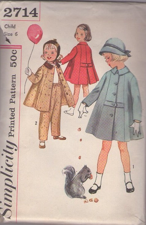 Simplicity 2714 Vintage 50's Sewing Pattern Girls' Coats, Pants, Flared Front Button Jacket, Martingale Belt Back Coat, Suspender Pants Size 6