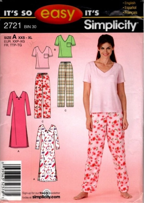Simplicity 2721 Retro 2008 Sewing Pattern It's So Easy Pajamas, Nightgown, Night Shirt, PJs Top, Pants, Sleepwear Size XXS-XL