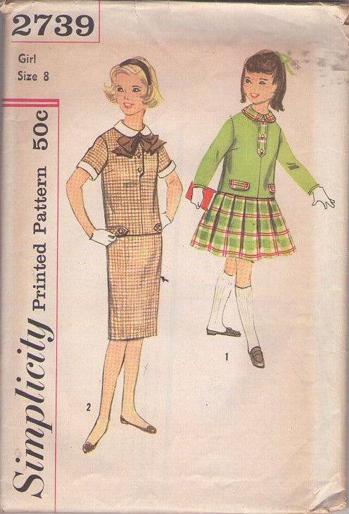 Simplicity 2739 Vintage 50's Sewing Pattern Girls' Suit Dress, Pullover Blouse, Jacket Top, Kilt Pleats or Slim Sheath Skirt Size 8