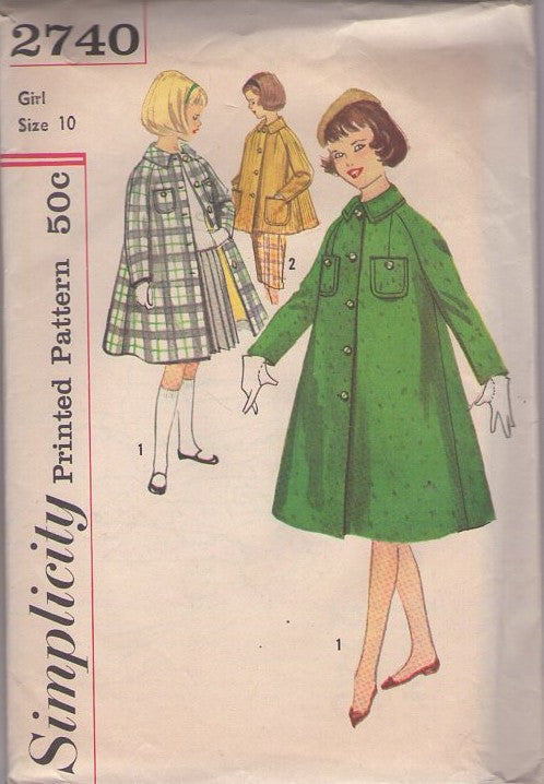 Simplicity 2740 Vintage 50's Sewing Pattern Girls' Coats, Modest Flared A-Line Tent Car Coat, Jacket, Lined Coat Set Size 10