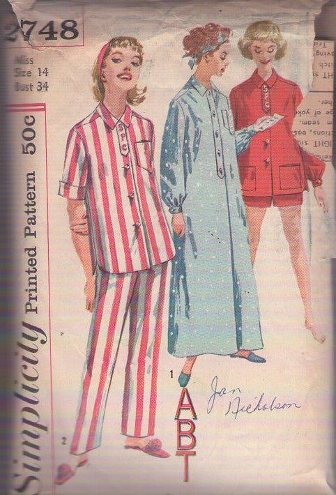Simplicity 2748 Vintage 50's Sewing Pattern Pajamas Set, Summer or Winter Pajama Top Blouse, Shorts, Trousers, Modest Long Nightgown, Gown Monogram Trim Size 14