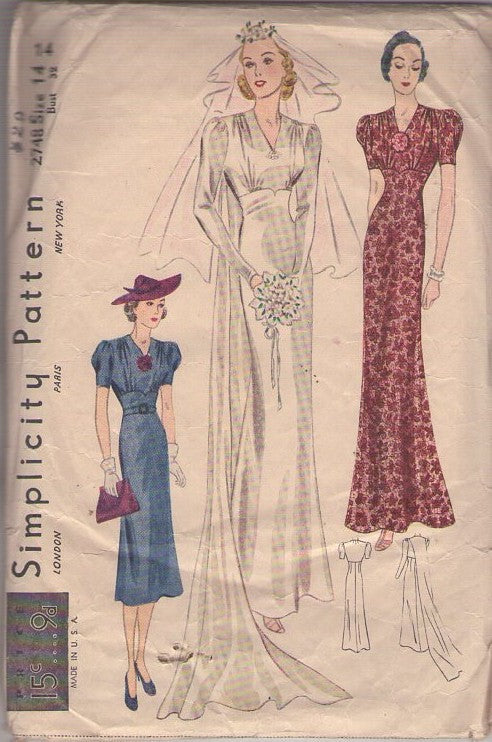 Simplicity 2748 Vintage 30's Sewing Pattern Sheath Bridal Gown, Elegant Wedding Dress with Shoulder Train, Dinner Dress or Afternoon Day Dress Size 14