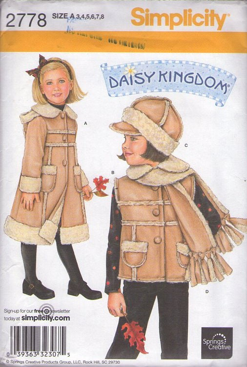 Simplicity 2778 Retro 2008 Sewing Pattern Girls' Coats, Daisy Kingdom Springs Creative Sherpa Fur Lined Vest Jacket, Winter Coat, Pom Pom Hood, Sun Brim Hat, Cap & Scarf Size 3-6