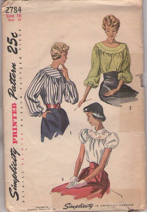 Simplicity 2784 Vintage 50's Sewing Pattern Blouse Set, Scoop Neck, Puff or Balloon Sleeves, 3 Styles Size 16