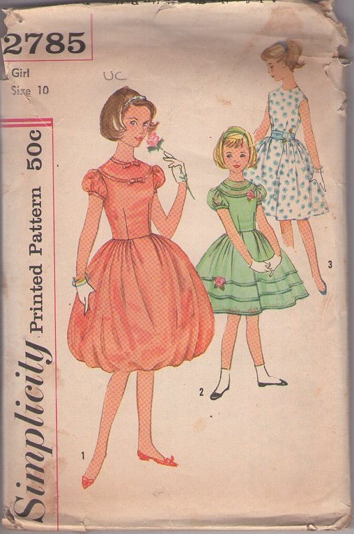 Simplicity 2785 Vintage 50's Sewing Pattern Girls' Dress Set, First Dance Rockabilly BUBBLE SKIRT or Flared Puff Sleeve Party Dress, Gown Size 10
