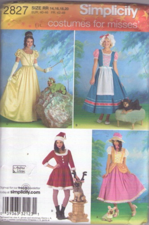 Simplicity 2827 Retro 2008 Sewing Pattern Cosplay & Pet Costumes, Matching Pet & Owner Halloween Costume, Bo Peep & Sheep, Miss Muffet & Spider, Princess & Frog, Santa & Deer Size 14-20