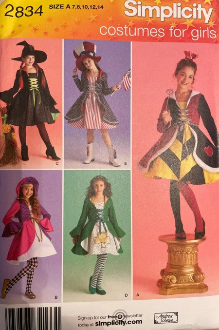 Simplicity 2834 Retro 2008 Sewing Pattern Dress Up Costumes, Girl's Full Skirt Queen of Hearts, Patriot, Witch, Jester Princess & Irish Dance Dress Size 7-14