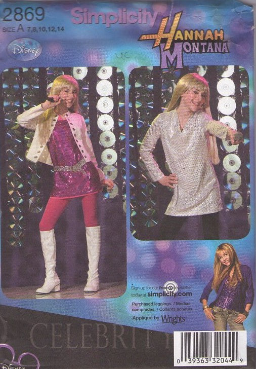 Simplicity 2869 Retro 2008 Sewing Pattern Miley Cyrus Outfit, Disney Celebrity Hannah Montana Sequin Costume Dress, Jumper, Jacket Size 7-14
