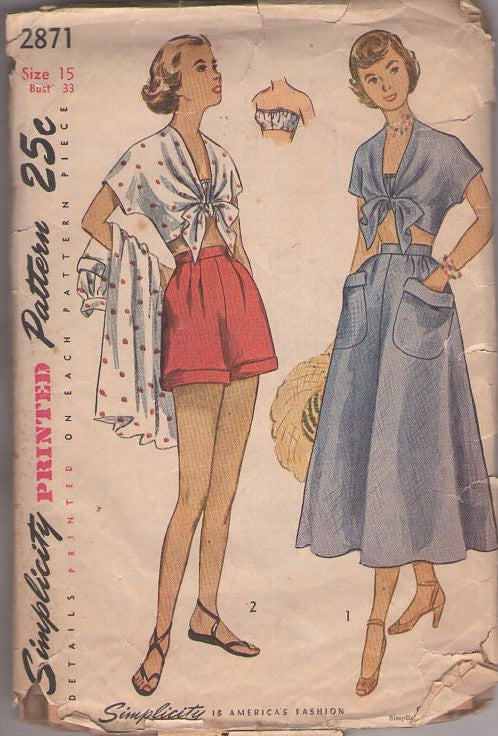 Simplicity 2871 Vintage 40's Sewing Pattern Beach Separates, Rockabilly Bandeau Bra Top, Crop Tied Front Blouse, Shorts, Flared Skirt Size 15