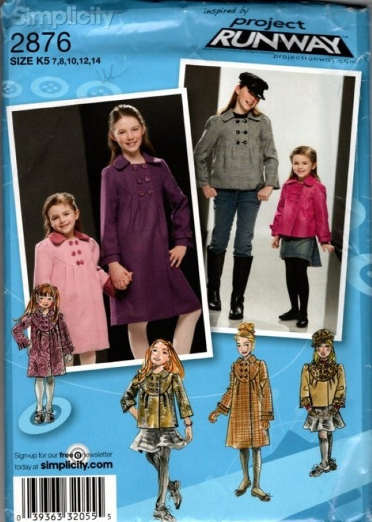 Simplicity 2876 Retro 2008 Sewing Pattern Girls' Jacket and Coat Set, Project Runway Inspirations, Cropped, Knee Length, Fit & Flared with HAT Size 7-14